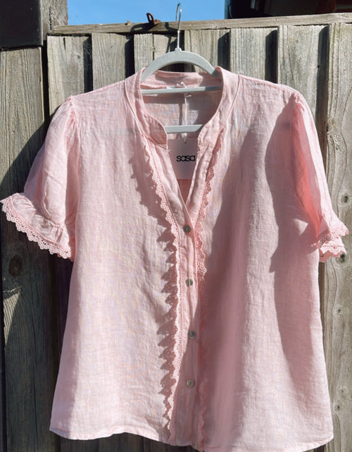 Load image into Gallery viewer, Pink V neck Linen Cropped Sleeve Blouse