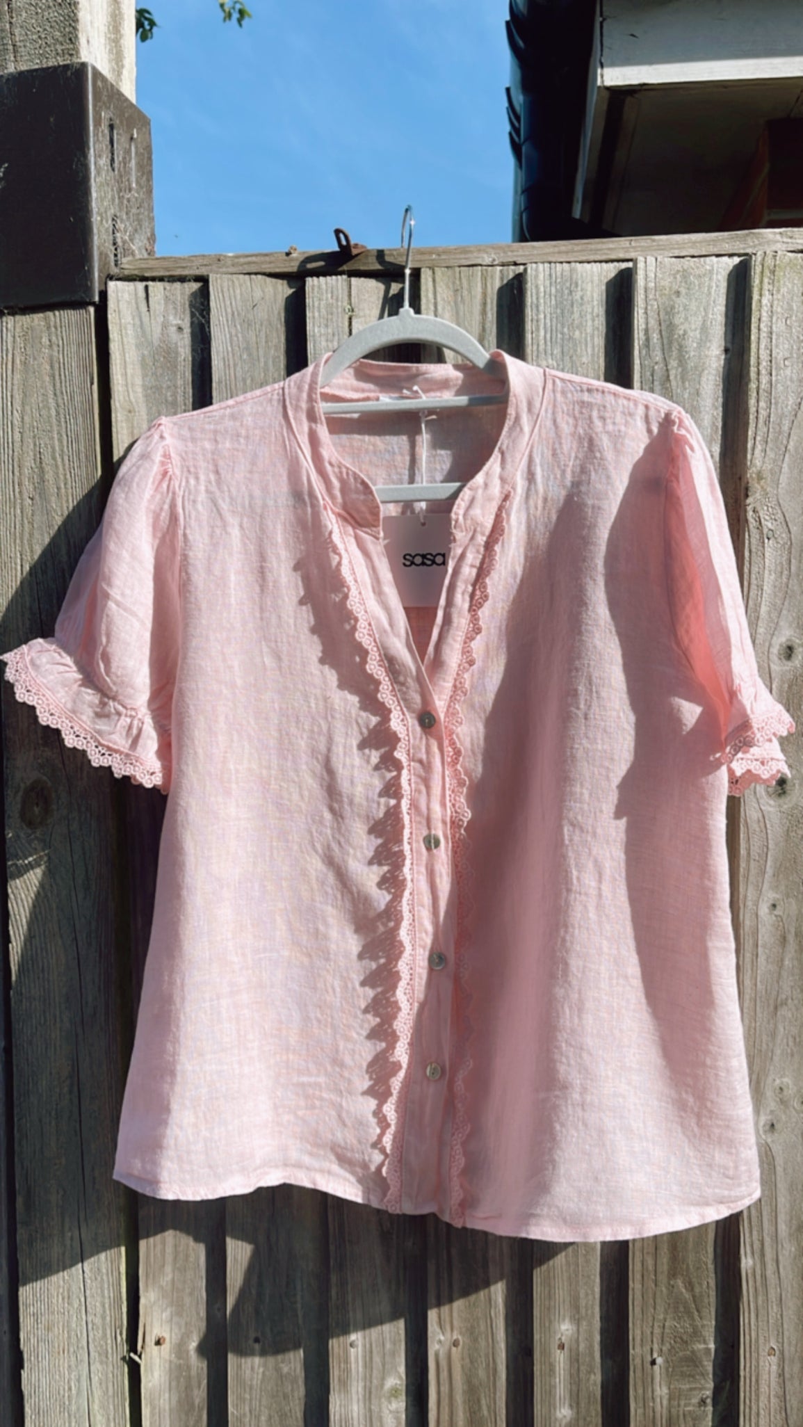 Pink V neck Linen Cropped Sleeve Blouse