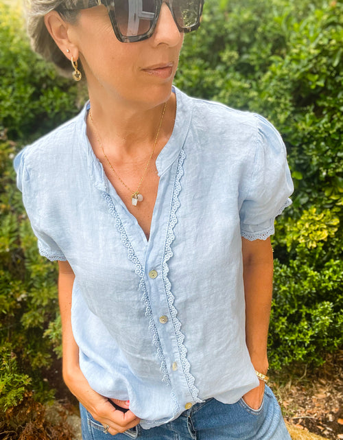 Load image into Gallery viewer, Blue V neck Cropped Sleeve Shirt