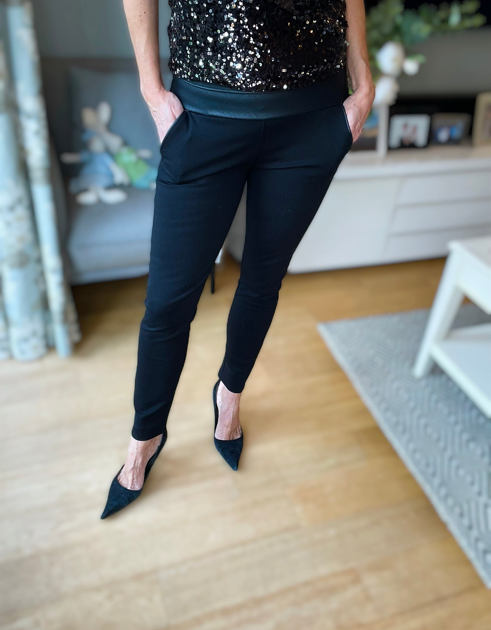 Black leather detailed trousers