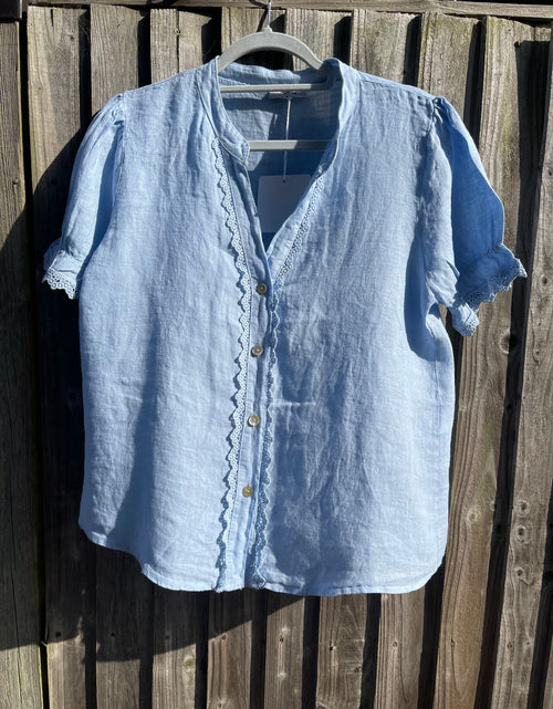 Load image into Gallery viewer, Blue V neck Cropped Sleeve Shirt