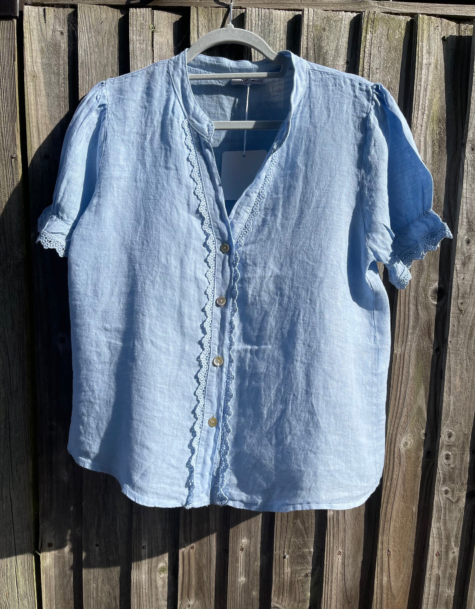 Blue V neck Cropped Sleeve Shirt