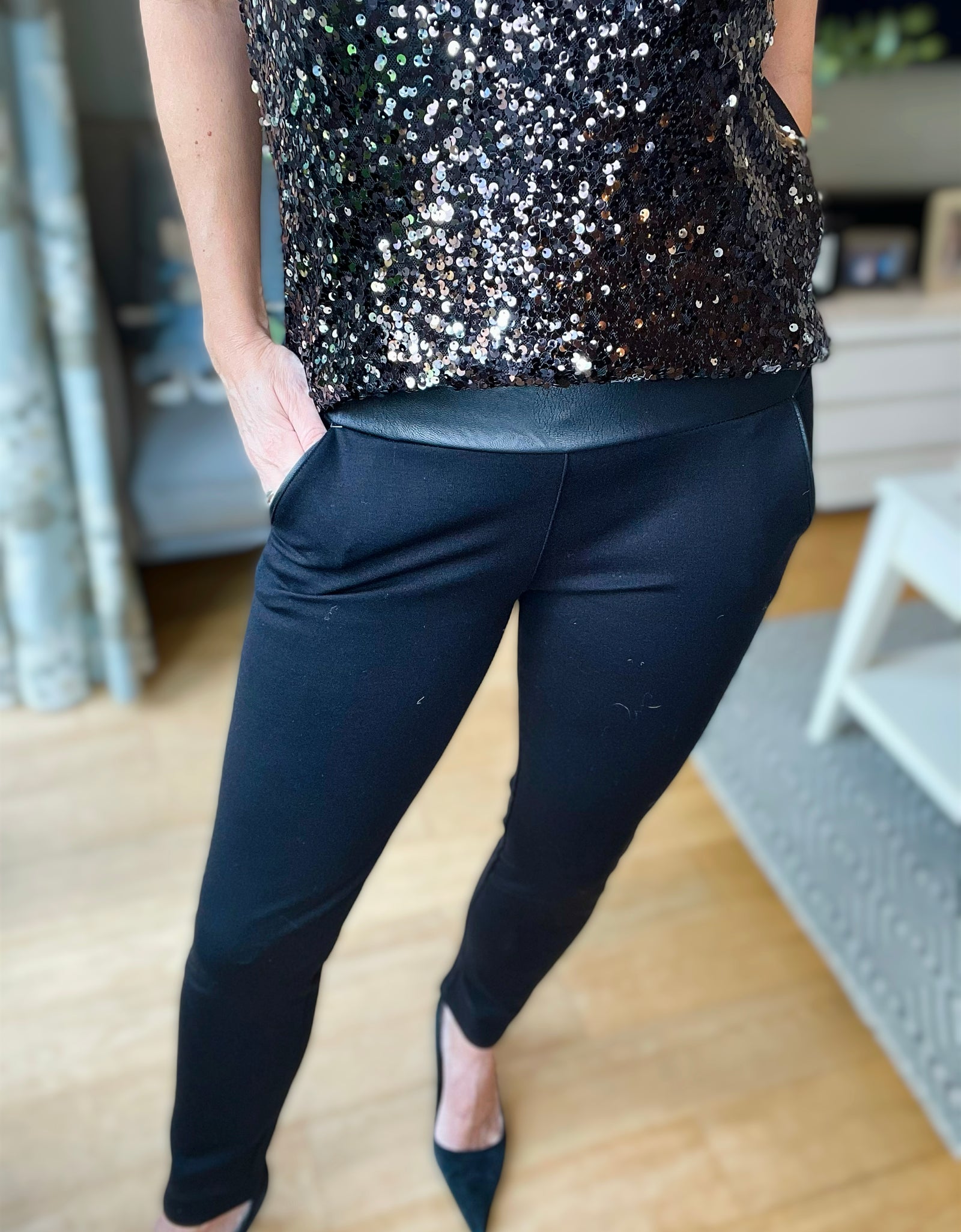 Black leather detailed trousers