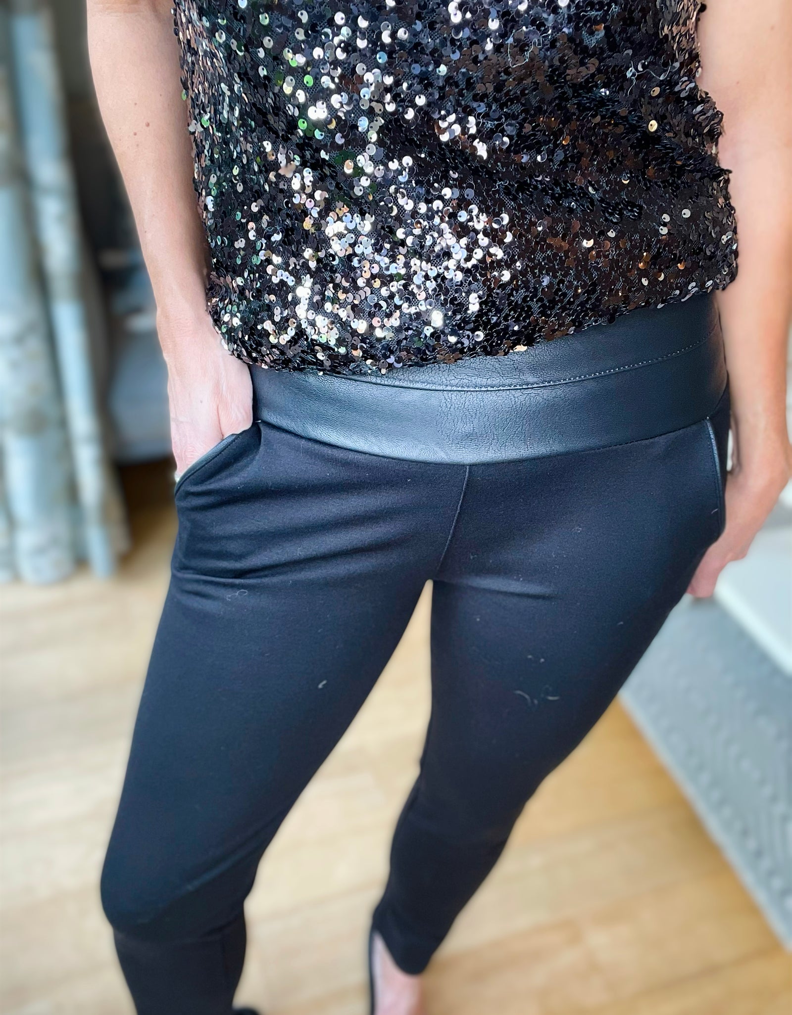 Black leather detailed trousers