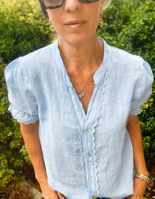 Load image into Gallery viewer, Blue V neck Cropped Sleeve Shirt