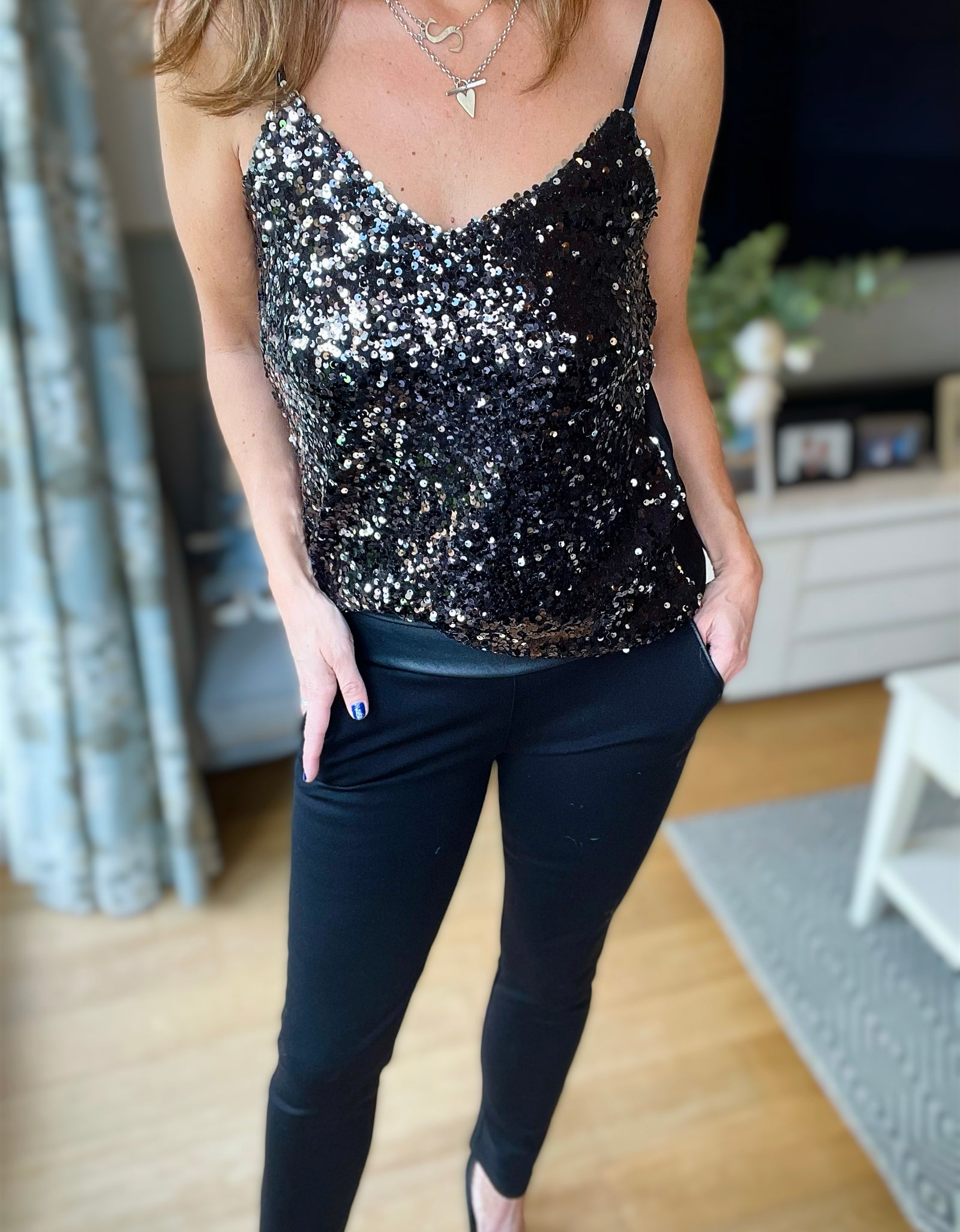 Black leather detailed trousers