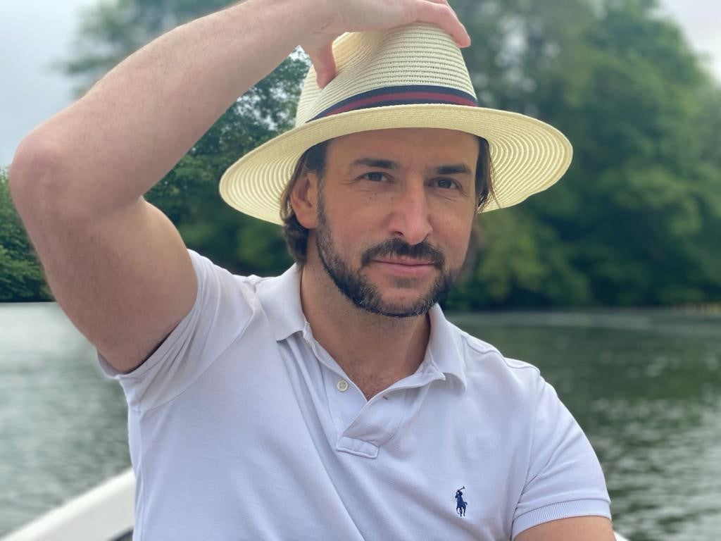 Mens Straw Fedora with Blue Red Striped Band - Main Image