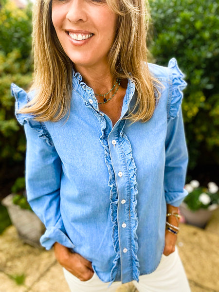 denim ruffle blouse