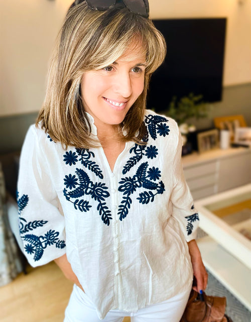 Load image into Gallery viewer, White &amp; Navy Embroidery Ruffle Blouse
