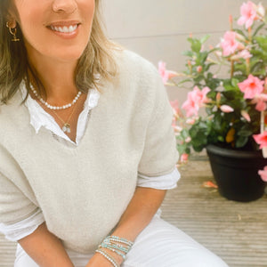 Oatmeal V Neck Cropped Sleeve Jumper