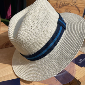 Straw fedora with navy & blue stripe band