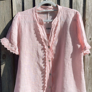 Pink V neck Linen Cropped Sleeve Blouse
