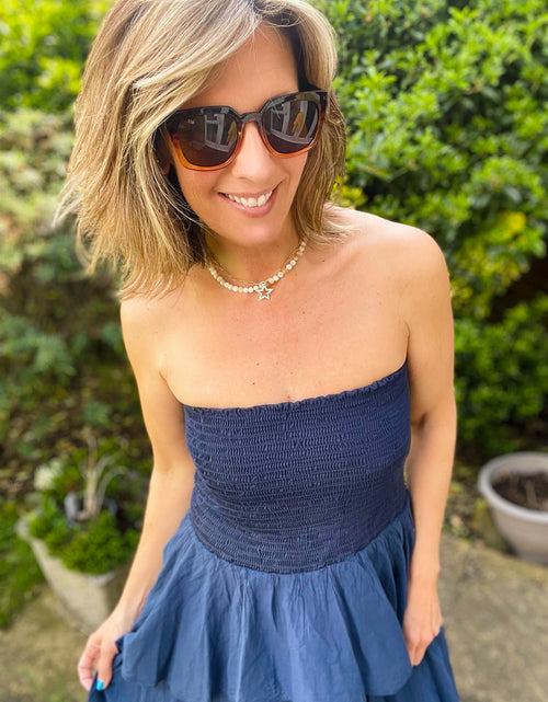 Load image into Gallery viewer, Navy Strapless Tiered Maxi Dress
