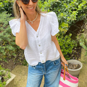 White Linen Frill Top