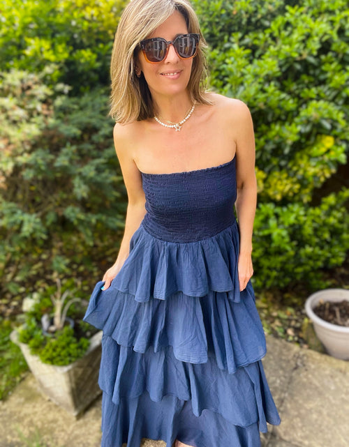Load image into Gallery viewer, Navy Strapless Tiered Maxi Dress
