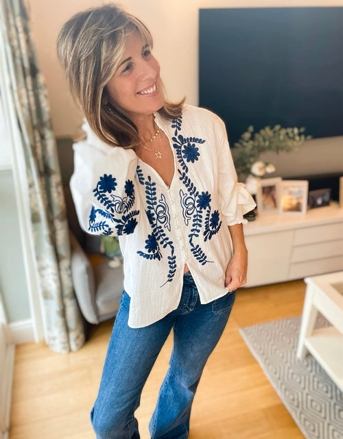 Load image into Gallery viewer, White &amp; Navy Embroidery Ruffle Blouse
