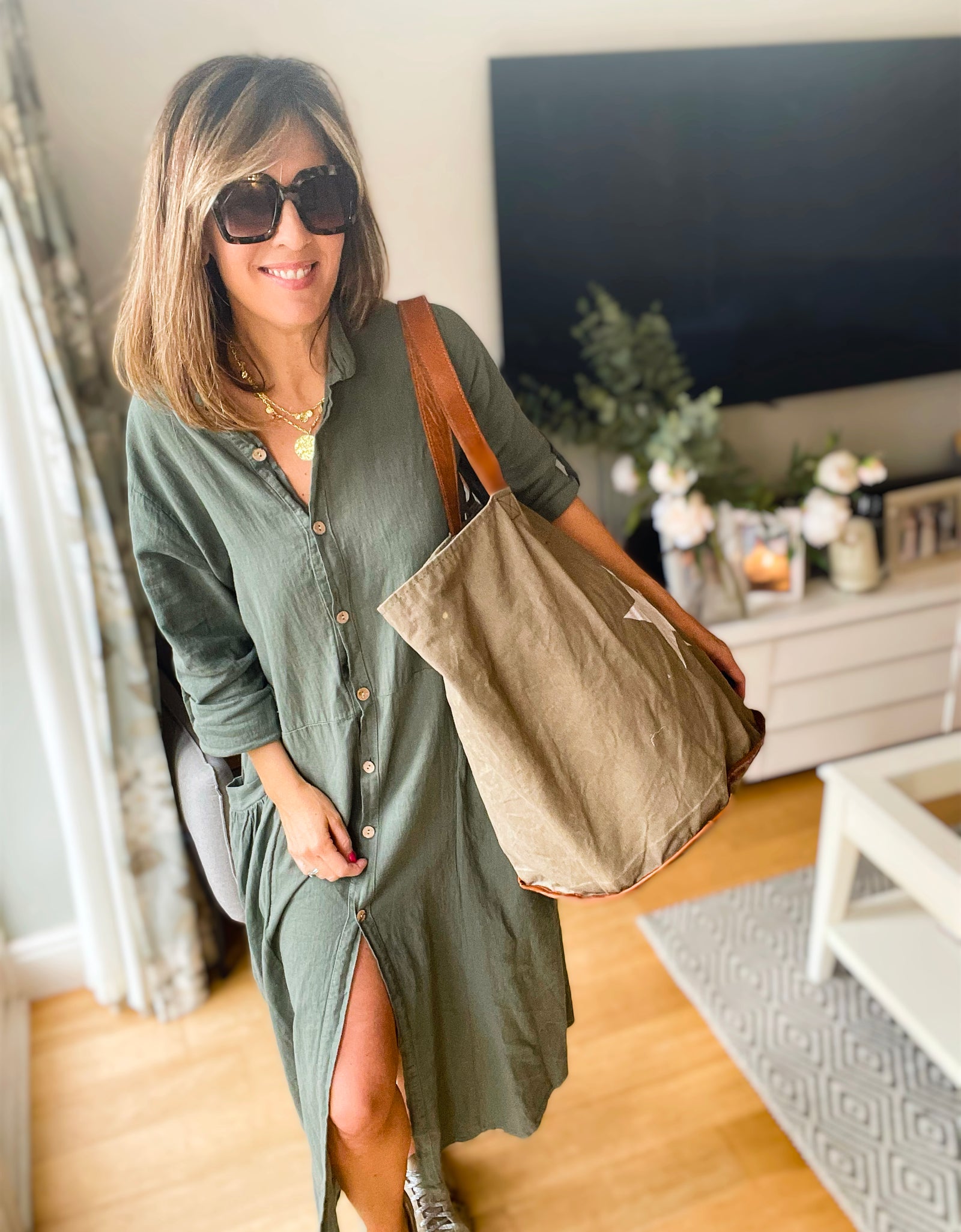 Khaki Linen Long Length Dress