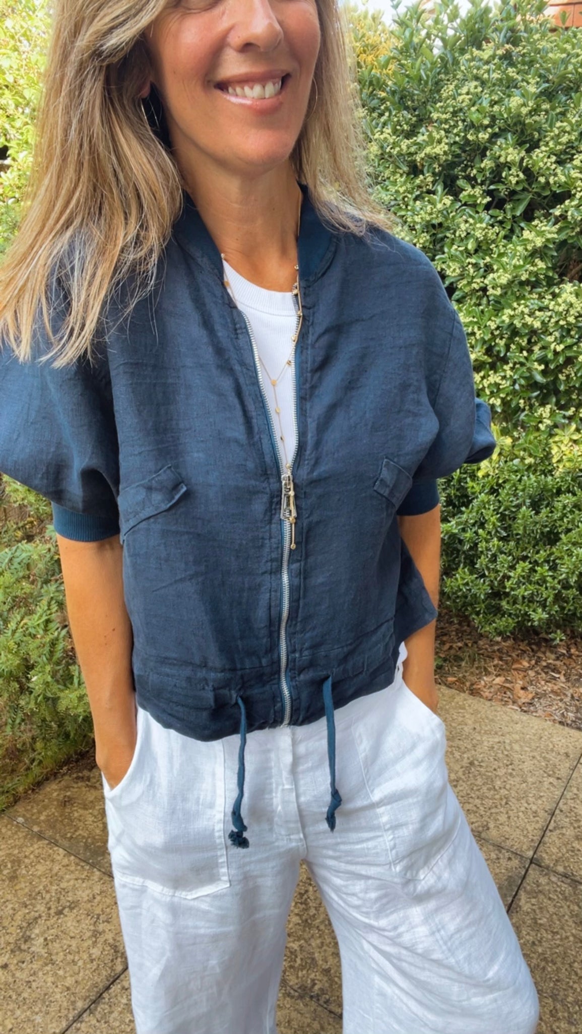Linen Bomber Jacket - navy