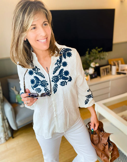 Load image into Gallery viewer, White &amp; Navy Embroidery Ruffle Blouse
