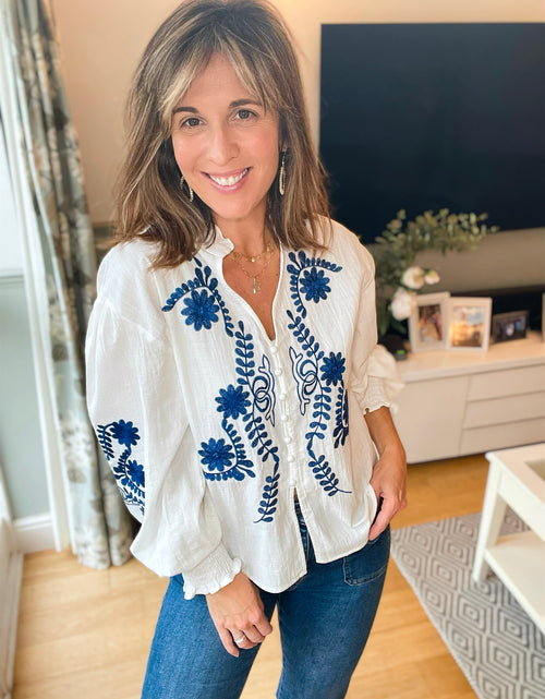 Load image into Gallery viewer, White &amp; Navy Embroidery Ruffle Blouse
