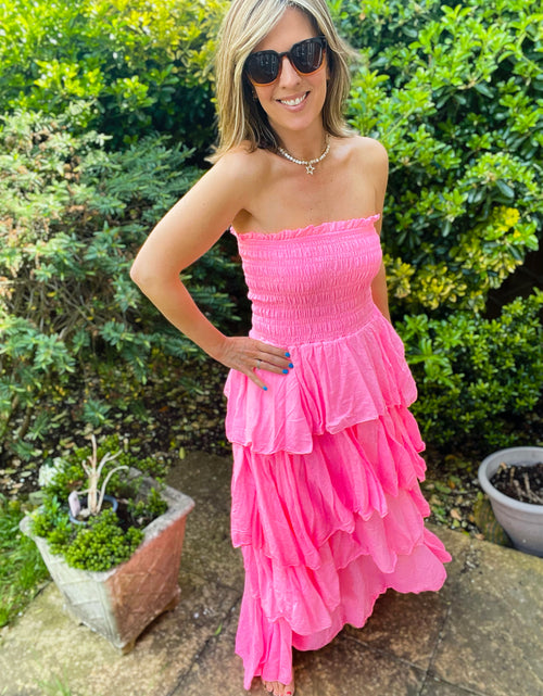 Load image into Gallery viewer, Neon Pink Strapless Tiered Maxi Dress
