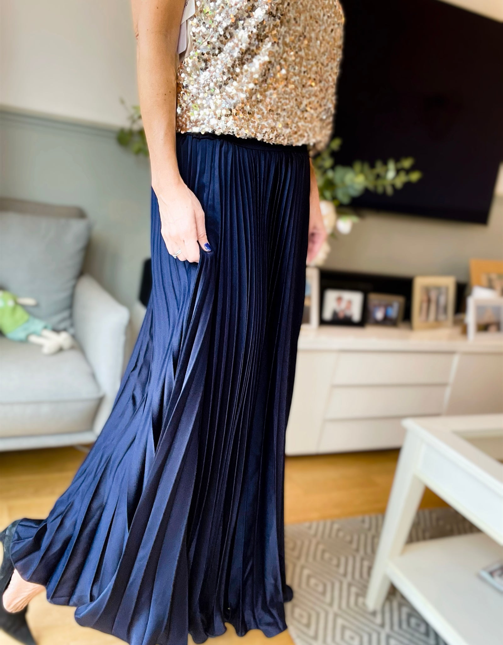 Navy Silky Pleated Skirt Willowbrook