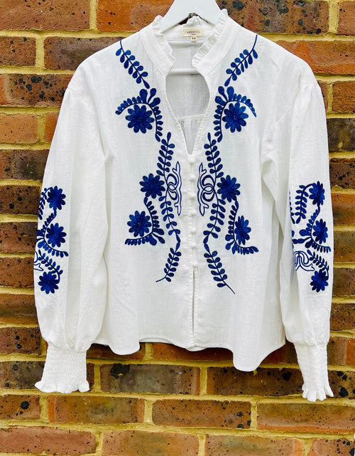 Load image into Gallery viewer, White &amp; Navy Embroidery Ruffle Blouse
