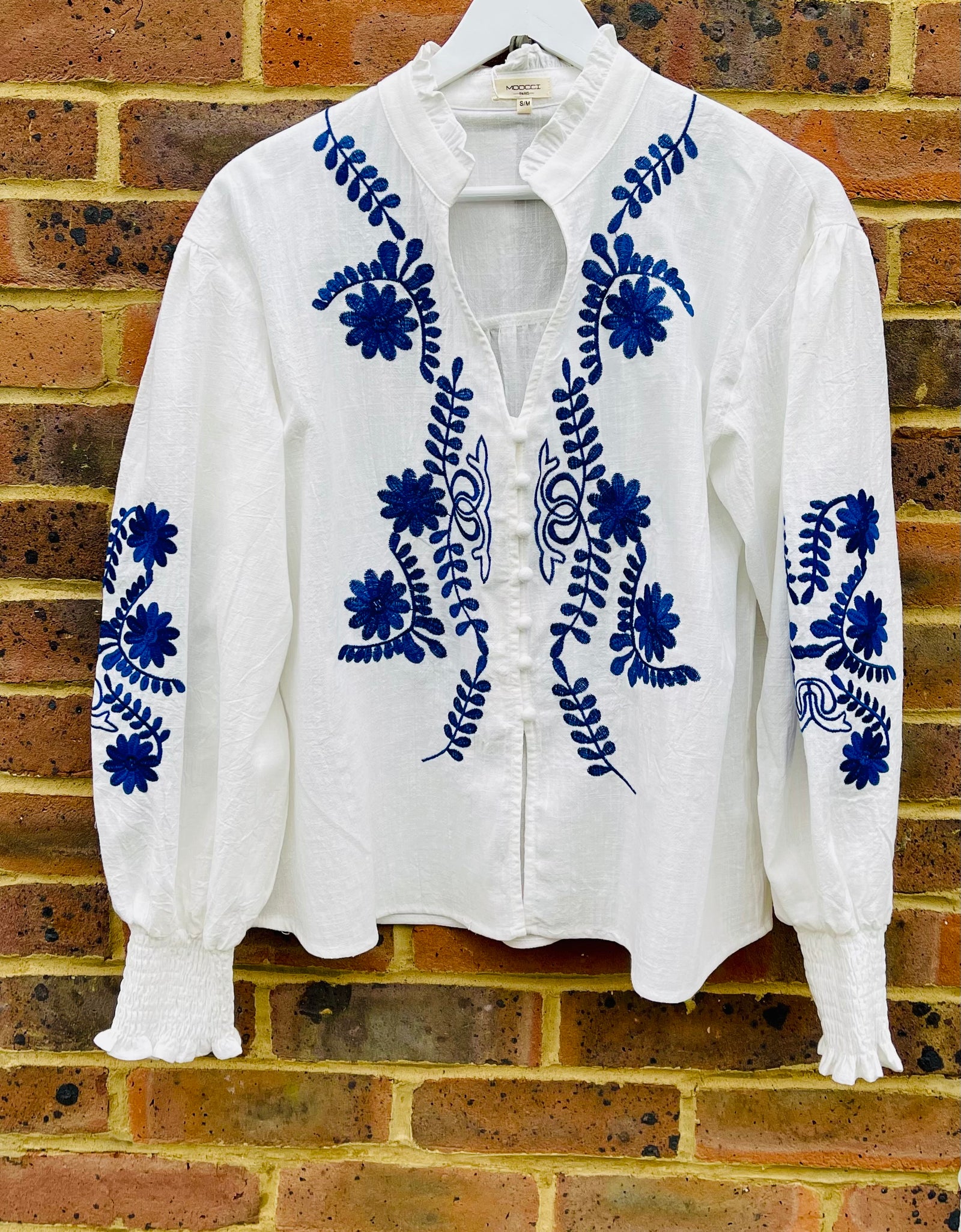 White & Navy Embroidery Ruffle Blouse