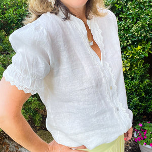 White V neck Cropped Sleeve Shirt