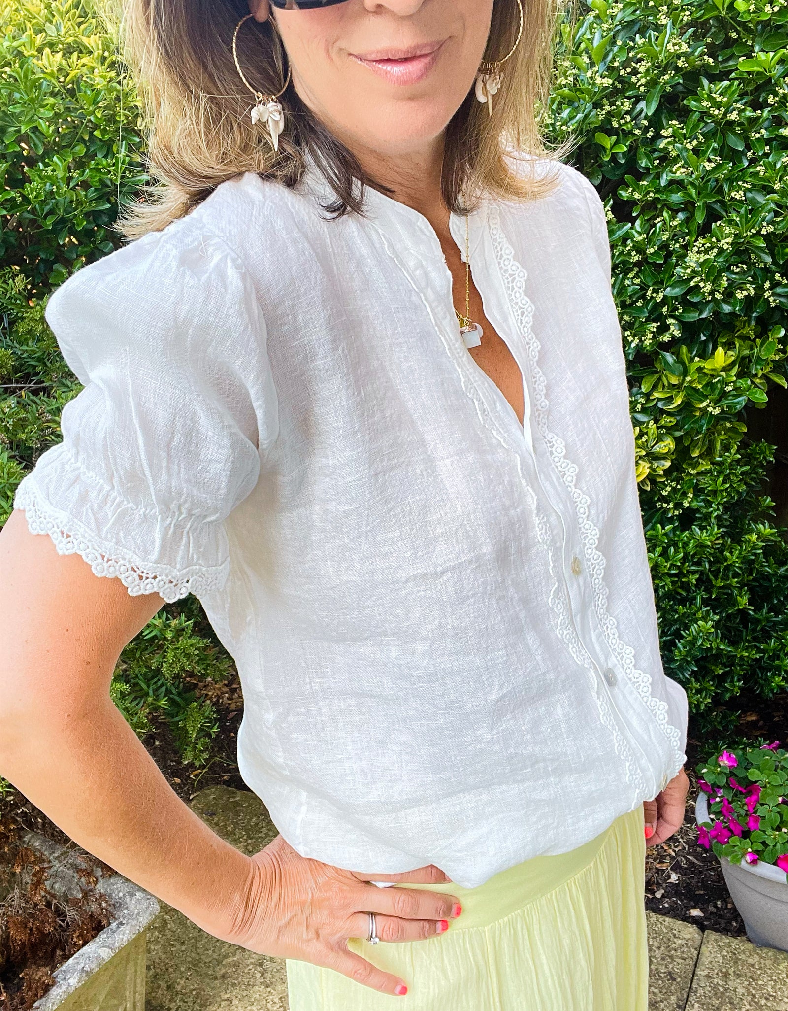White V neck Cropped Sleeve Shirt