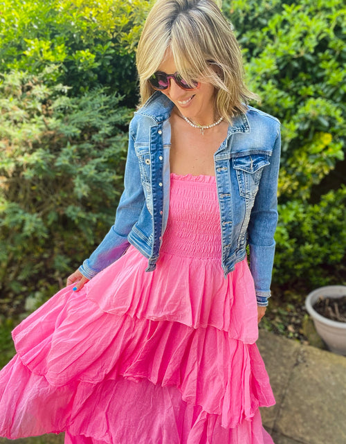 Load image into Gallery viewer, Neon Pink Strapless Tiered Maxi Dress
