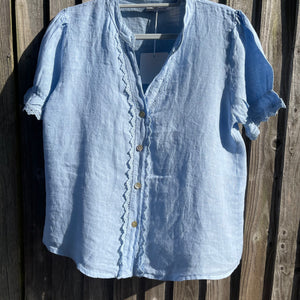 Blue V neck Cropped Sleeve Shirt