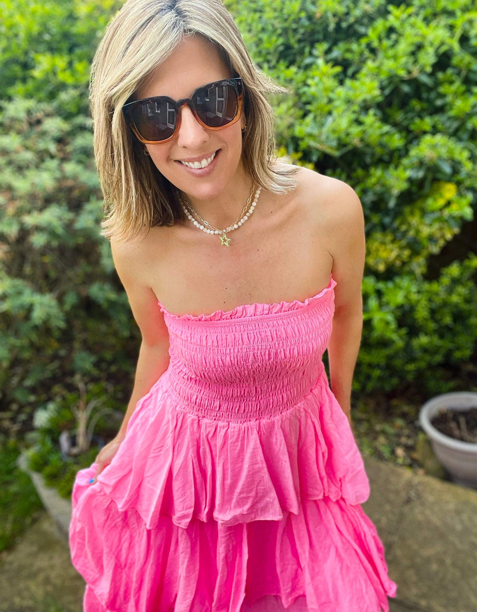 Neon Pink Strapless Tiered Maxi Dress