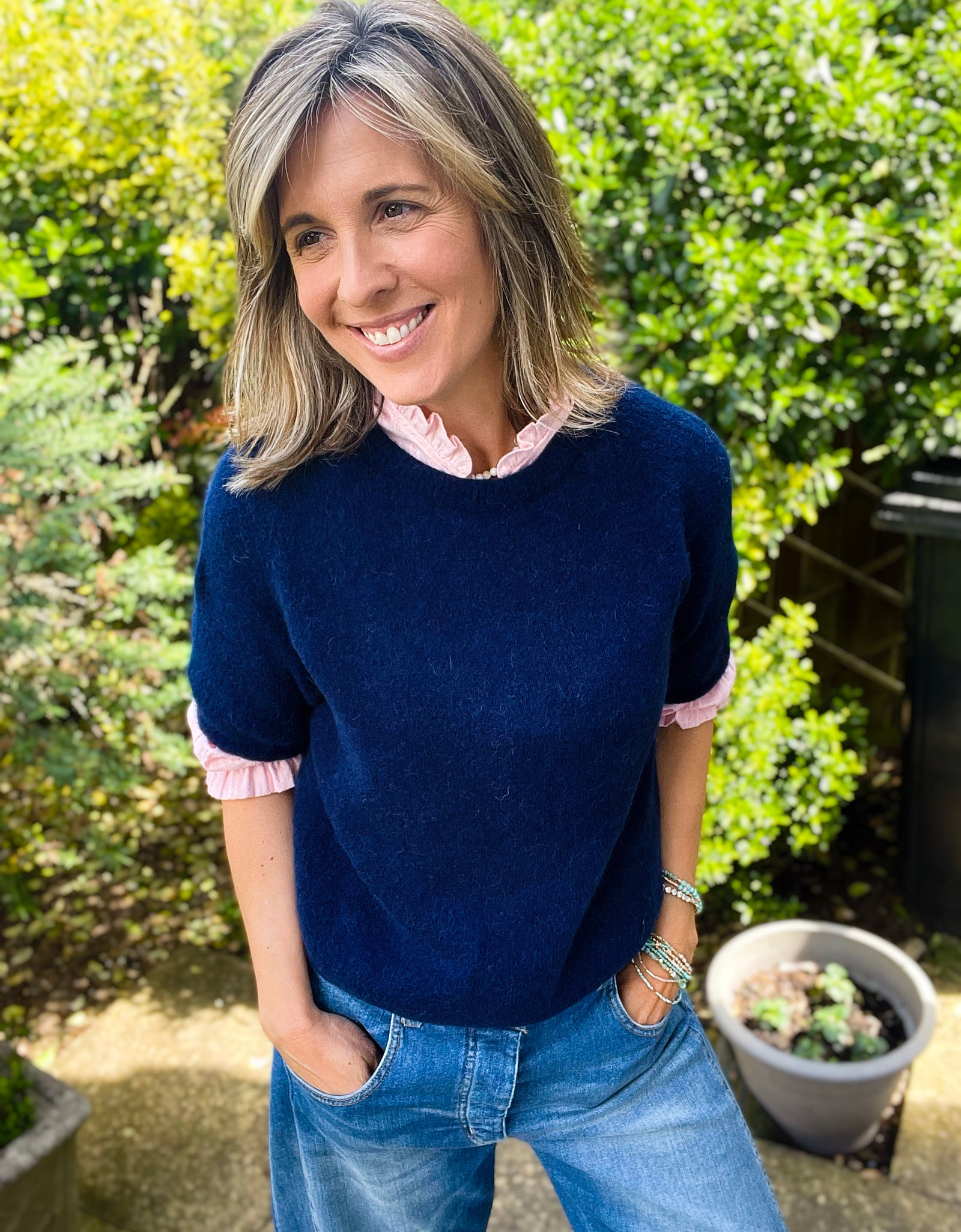 Navy Cropped Sleeve Jumper