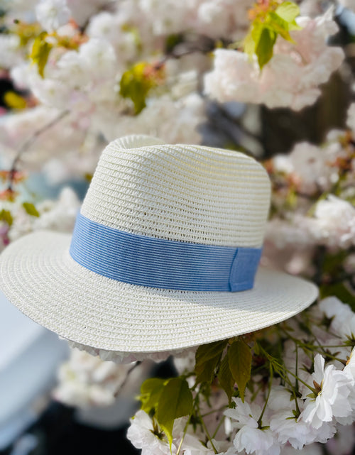 Load image into Gallery viewer, Straw fedora with blue linen stripe
