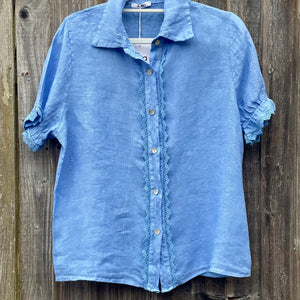 Cornflower Blue Linen Cropped Sleeve Shirt