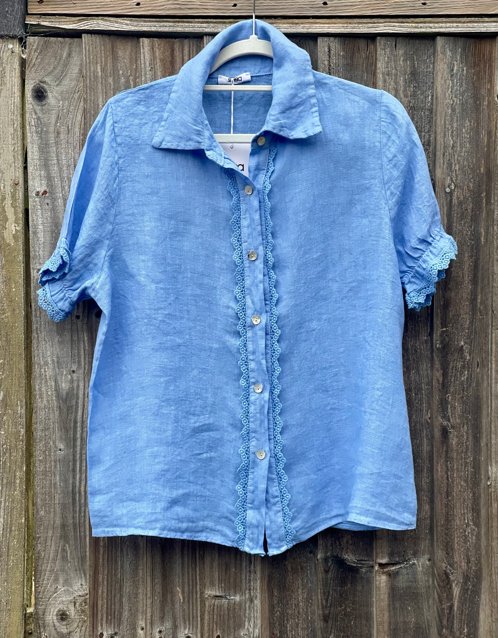 Cornflower Blue Linen Cropped Sleeve Shirt