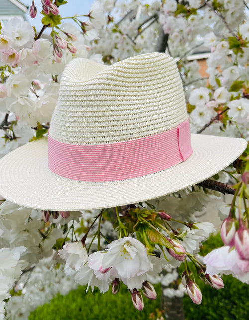 Load image into Gallery viewer, Summer Straw Fedora With Pink Linen Stripe Band
