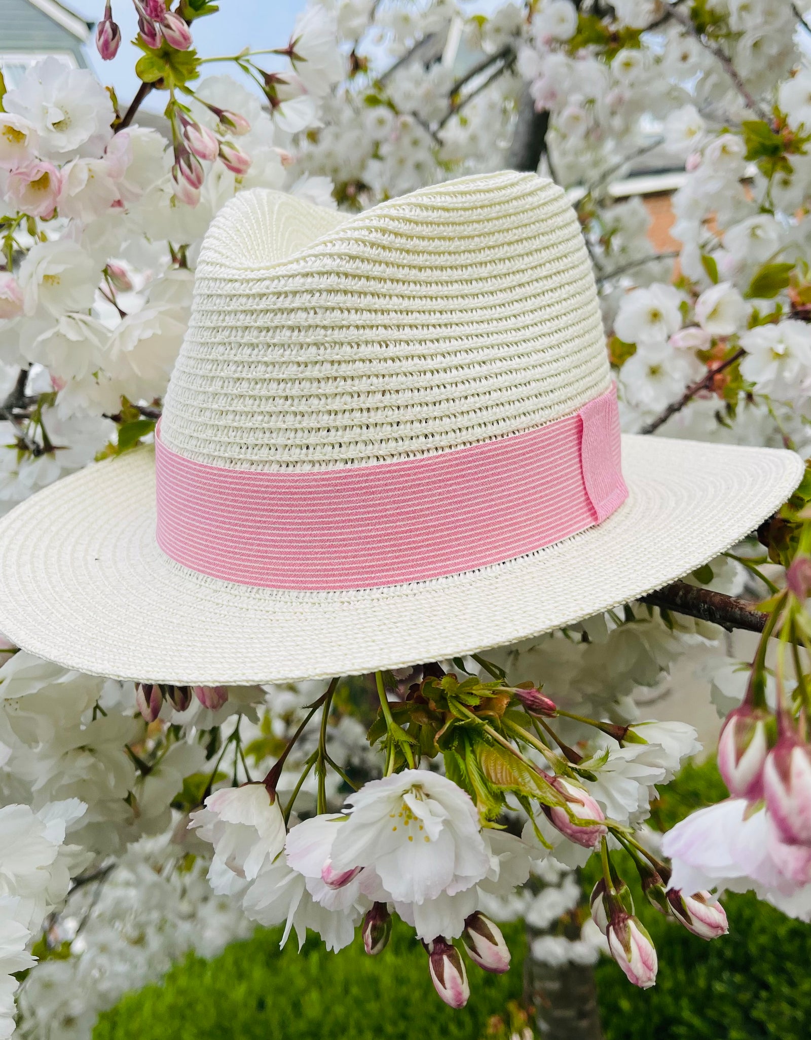 Summer Straw Fedora With Pink Linen Stripe Band