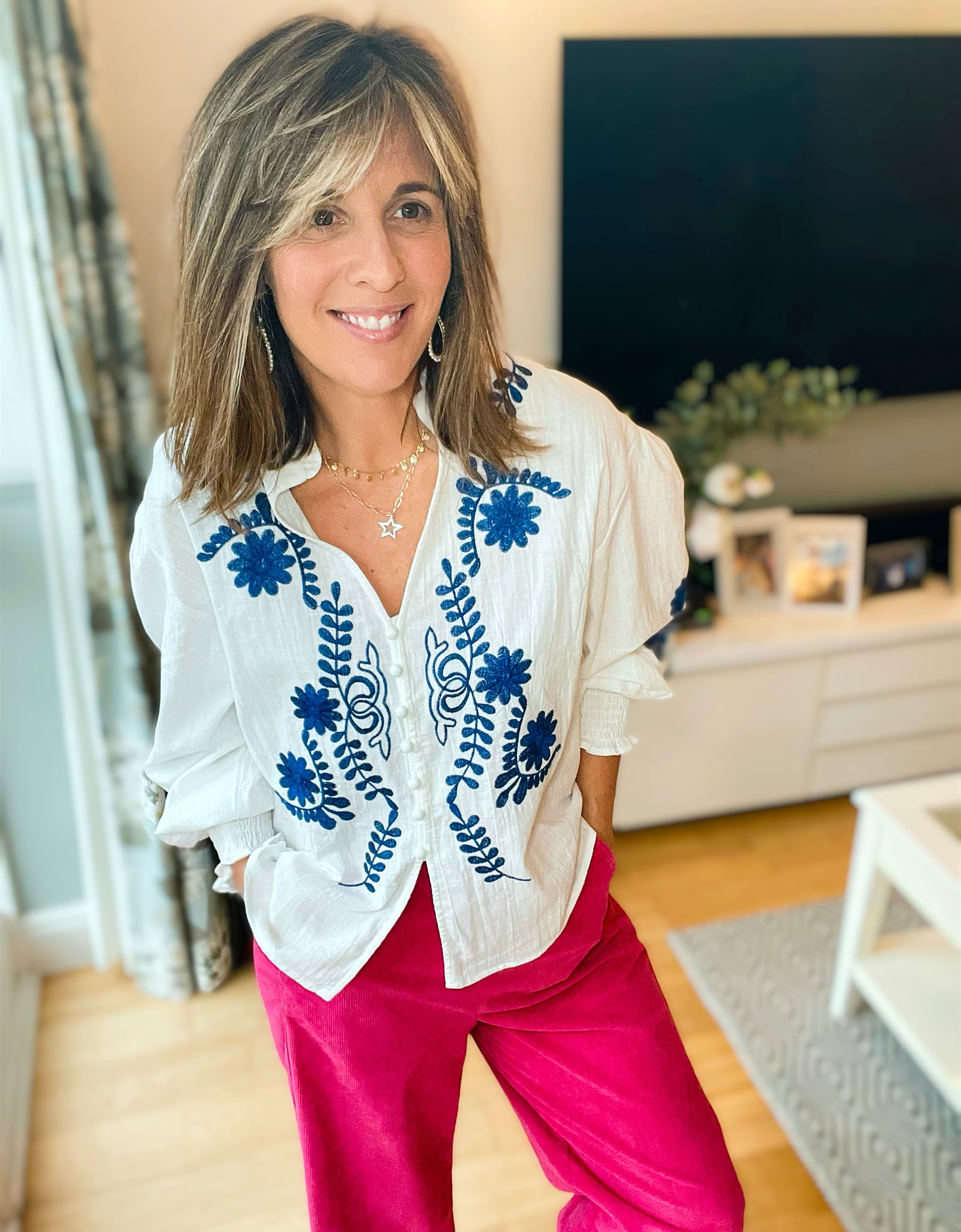 White & Navy Embroidery Ruffle Blouse