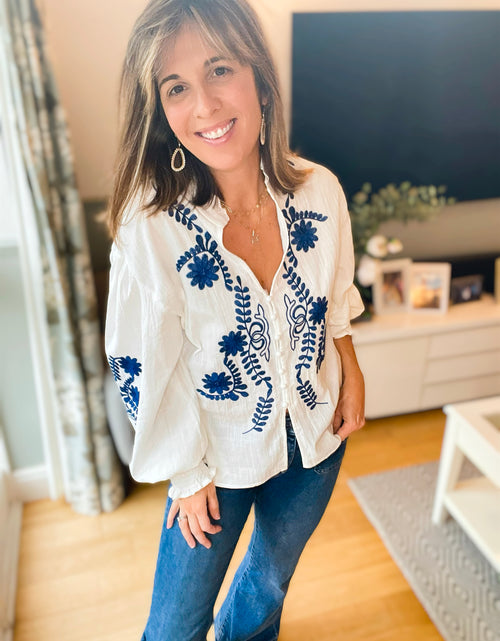 Load image into Gallery viewer, White &amp; Navy Embroidery Ruffle Blouse
