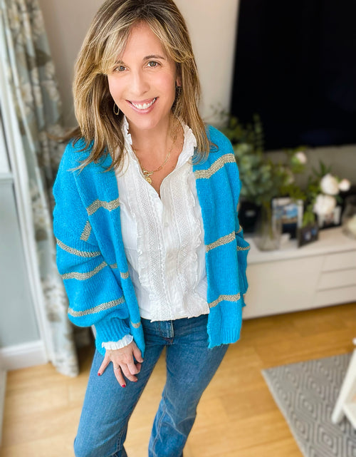 Load image into Gallery viewer, Blue and gold stripe cardi
