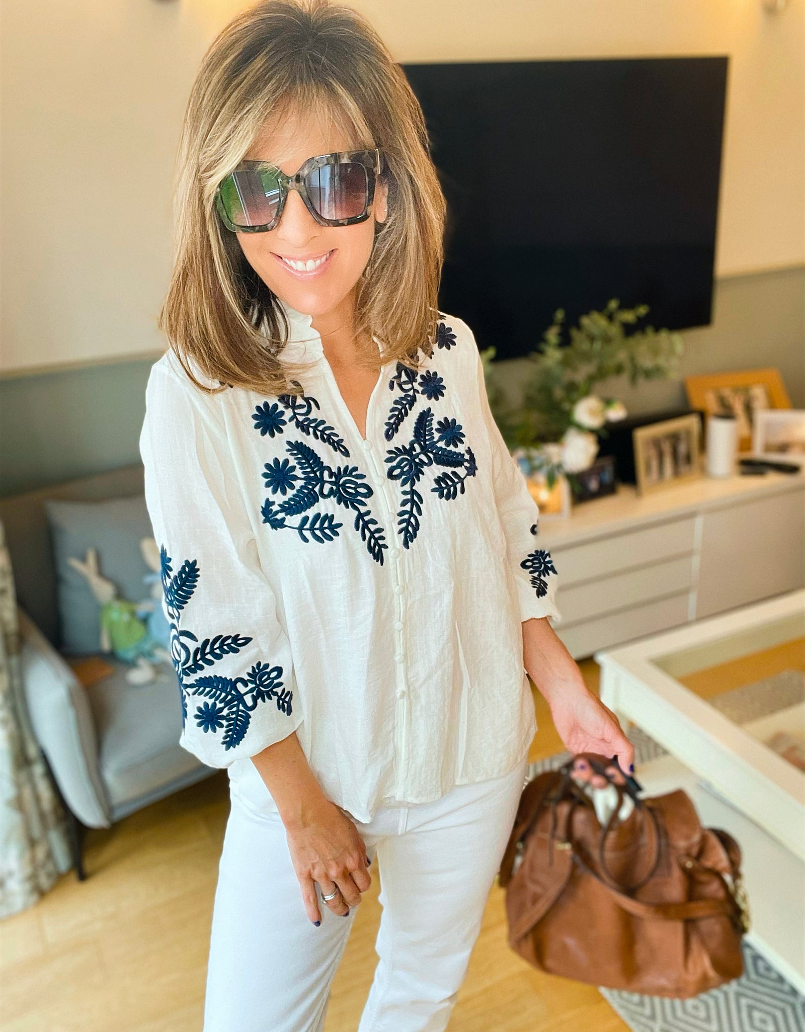 White & Navy Embroidery Ruffle Blouse