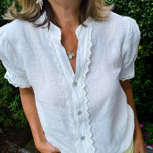 White V neck Cropped Sleeve Shirt