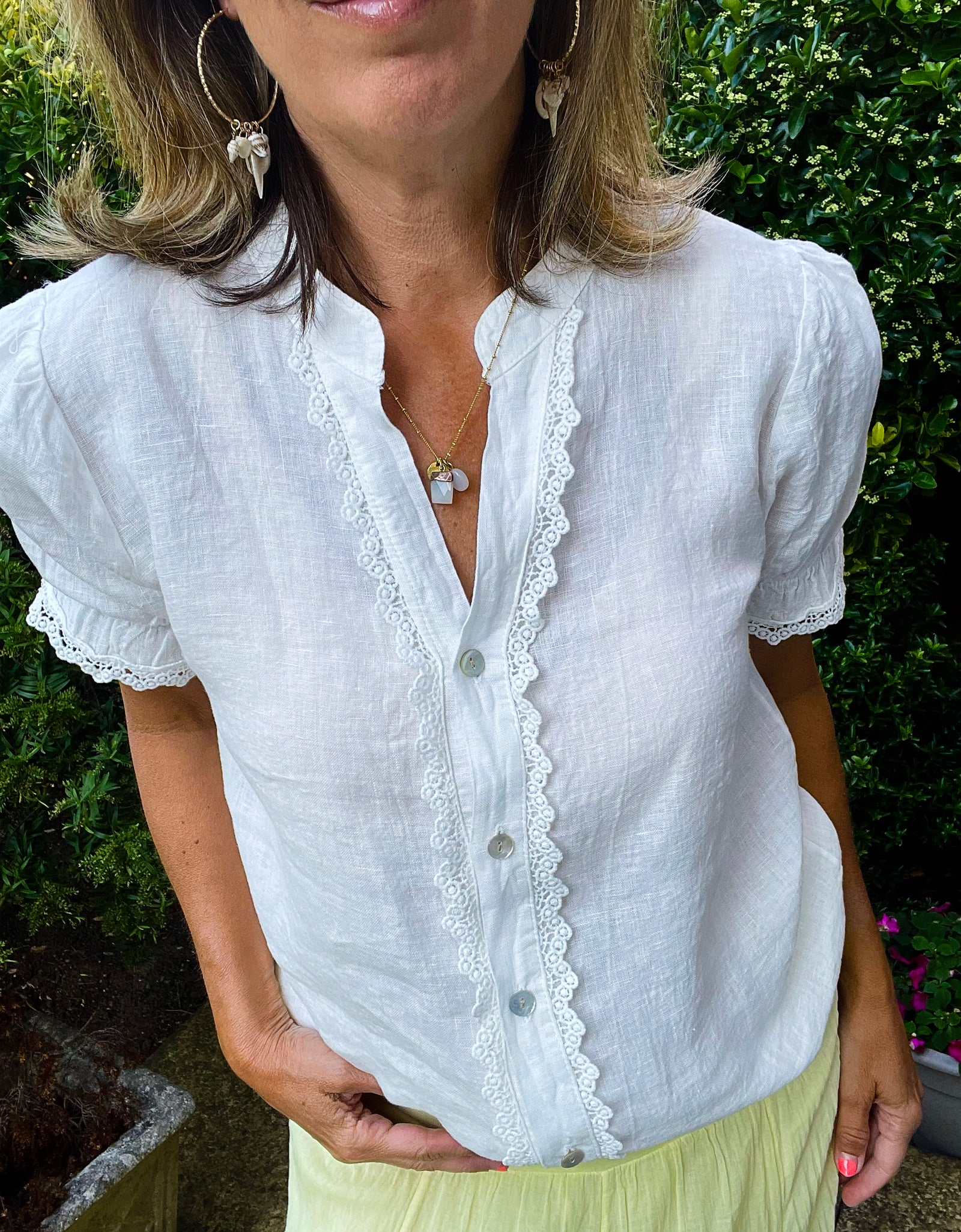 White V neck Cropped Sleeve Shirt