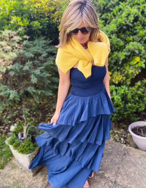 Load image into Gallery viewer, Navy Strapless Tiered Maxi Dress
