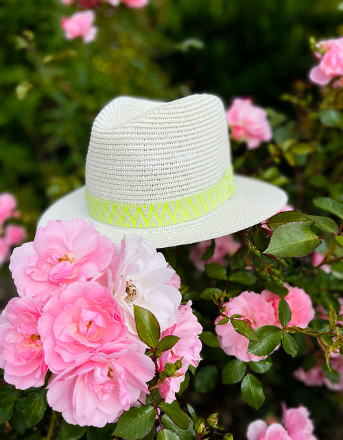 Load image into Gallery viewer, Summer Fedora with Neon Yellow Aztec Band
