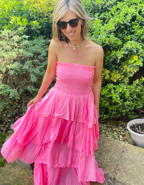 Load image into Gallery viewer, Neon Pink Strapless Tiered Maxi Dress
