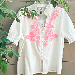 Neon Pink & White Embroidered Cropped Blouse