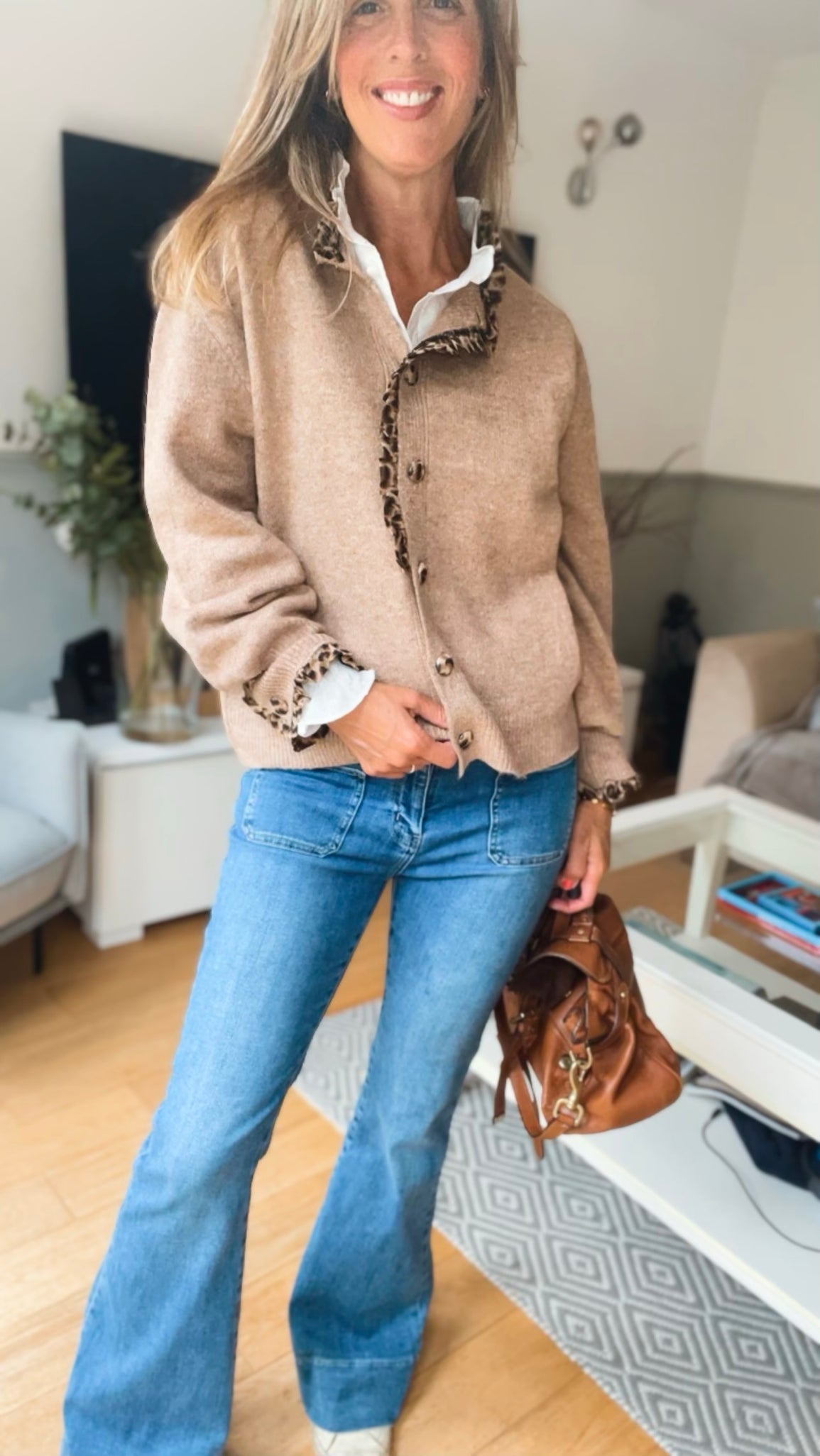 Leopard detail cardi - fawn